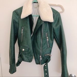 Dark green Zara shearling leather jacket